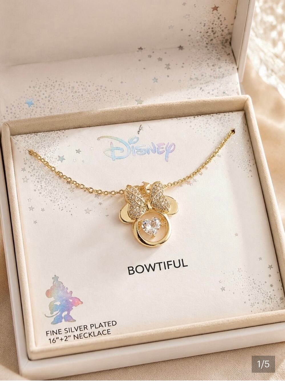 Disney Minnie Mouse Bowtiful Gold Necklace Charm Pendant Crystal Silver Plated